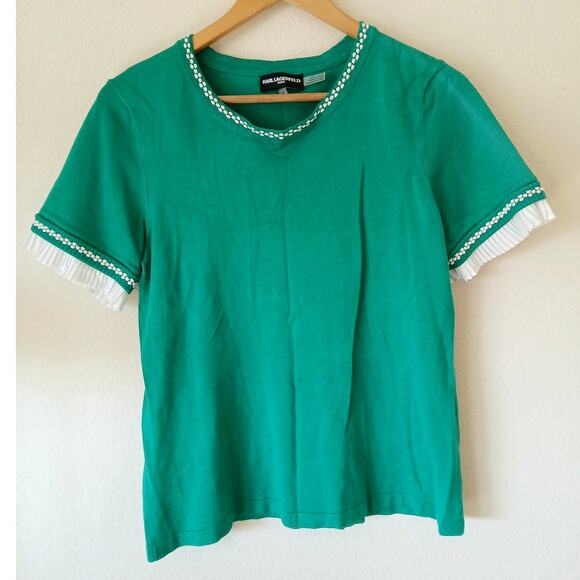 Karl Lagerfeld Paris Ruffle & Embroidery Trim Short-Sleeve Sweater - Picture 1 of 7